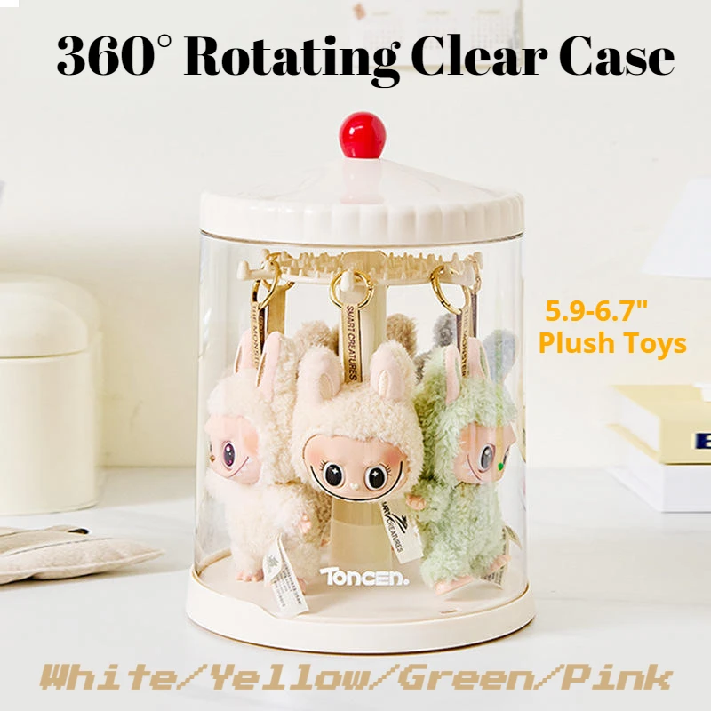 

360° Rotating Transparent Case for Labubu 5.9-17cm Plush/Figurines - Dustproof Stackable, White/Yellow/Green/Pink