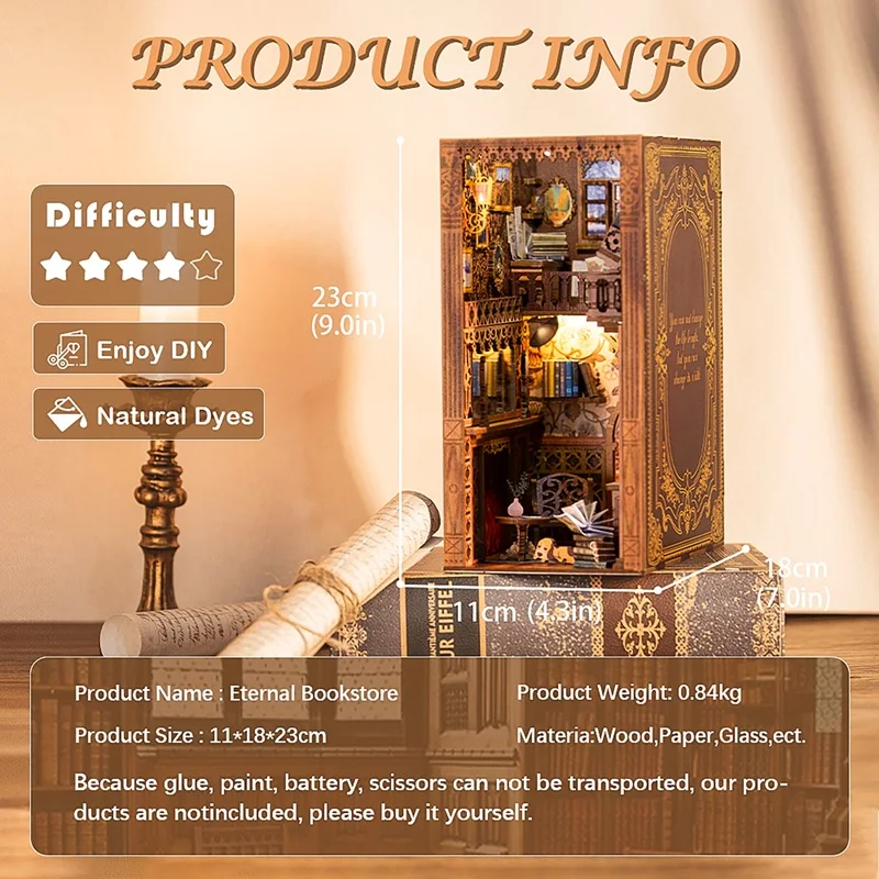 CUTEBEE Kit angolo libro fai da te Casa delle bambole in legno Booknook Libreria eterna Luci tattili in miniatura con mobili per regalo di compleanno