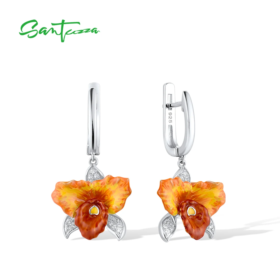 SANTUZZA Real 925 Sterling Silver Earrings For Women Orange Orchid Enamel Flower Elegant Flower Wedding Anniversary Fine Jewelry