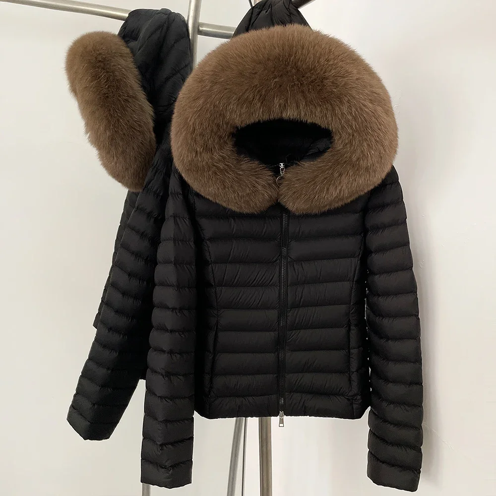 OFTBUY Giacca soffice da donna Giacca in vera pelliccia con cappuccio Sottile Vera pelliccia di volpe Colletto2025 Nuovo inverno corto femminile Piumino d'anatra bianco