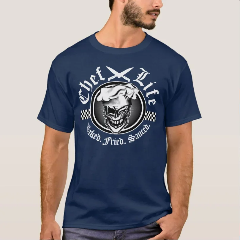 Chef Life: Baked. Fried. Sauced. Funny Winking Skull Chef T-Shirt 100% Cotton O-Neck Short Sleeve Casual Mens T-shirt Size S-3XL