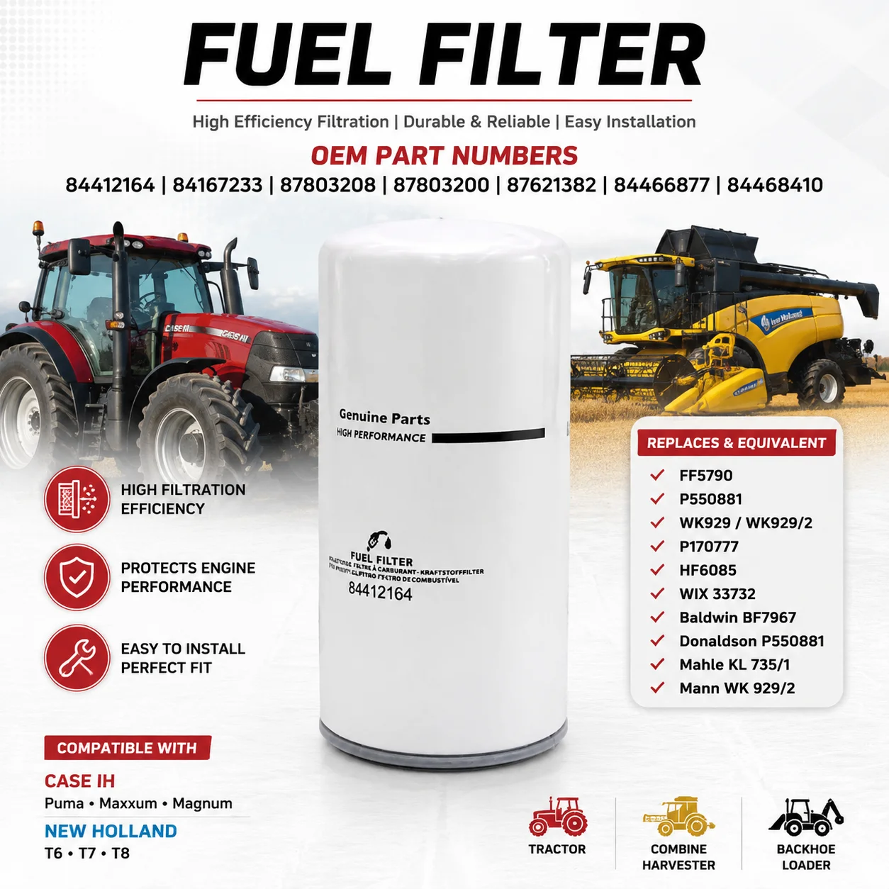 84412164 84167233 Filtro de Combustible para Case IH Puma Maxxum Magnum New Holland T6 T7 T8 Tractor Cosechadora CR9065 Retroexcavadora B100B