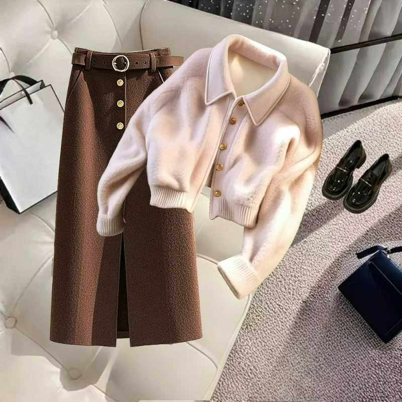 الكورية نمط أنيق الراقية واحدة الصدر معطف قصير حزام ألف خط تنورة المألوف قطعتين مجموعة للنساء في الخريف الشتاء