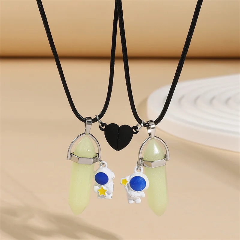 Luminous Hexagonal Column Couple Necklace for Women Men Astronaut Magnetic Heart Natural Stone Choker Lover Charm Jewelry e1088