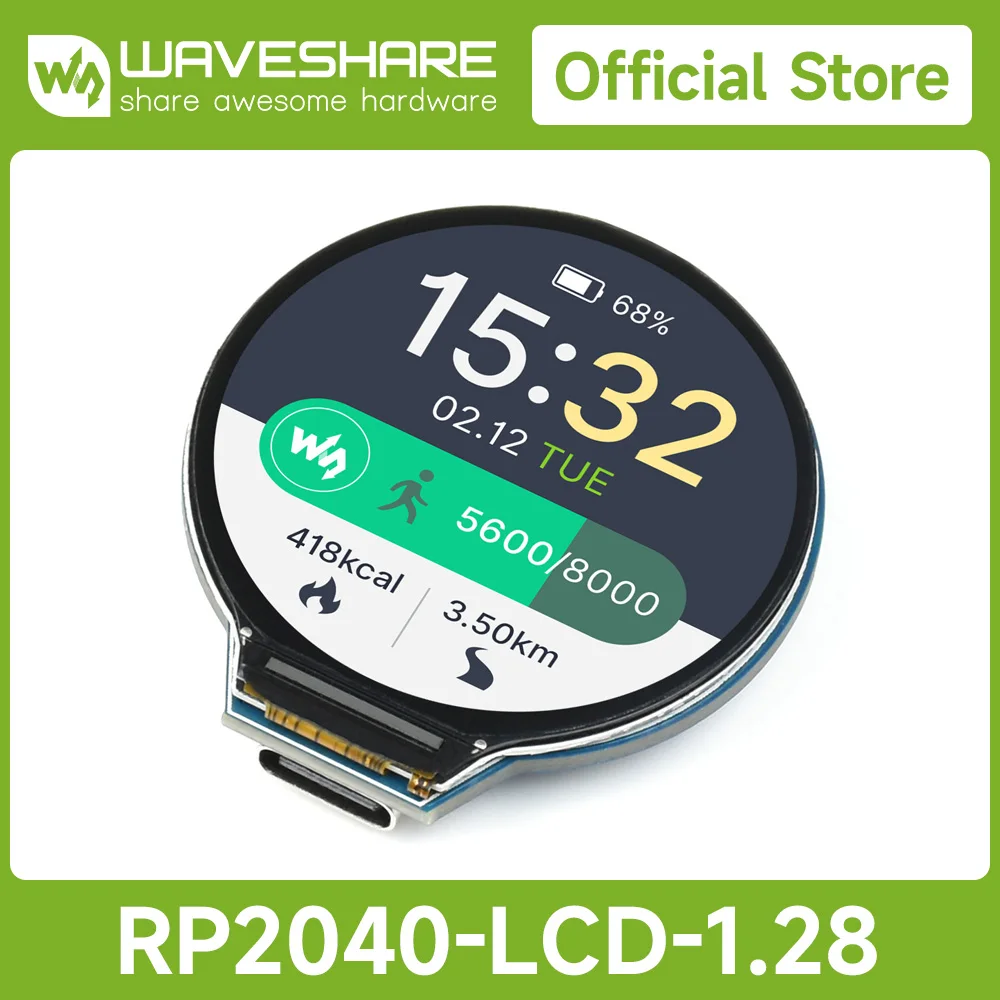 Waveshare 1.28Inch Round Display LCD Screen Based on Raspberry Pi RP2040, Accelerometer And Gyroscope Sensor 264KB USB Type-C