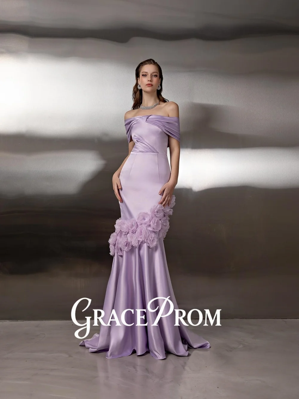 

Элегантное сиреневое вечернее платье GraceProm с открытыми плечами, торжественное атласное платье длиной до пола с цветочной аппликацией, роскошное вечернее платье