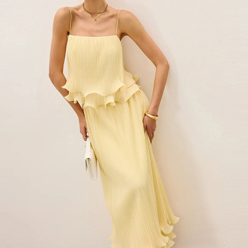 Eenvoudige Mode Effen Geribbelde Tweedelige Set Vrouwen Sexy Slash Hals Sling Top & Lange Rokken Outfit Nieuwe Zomer Mouwloos Hol Pak