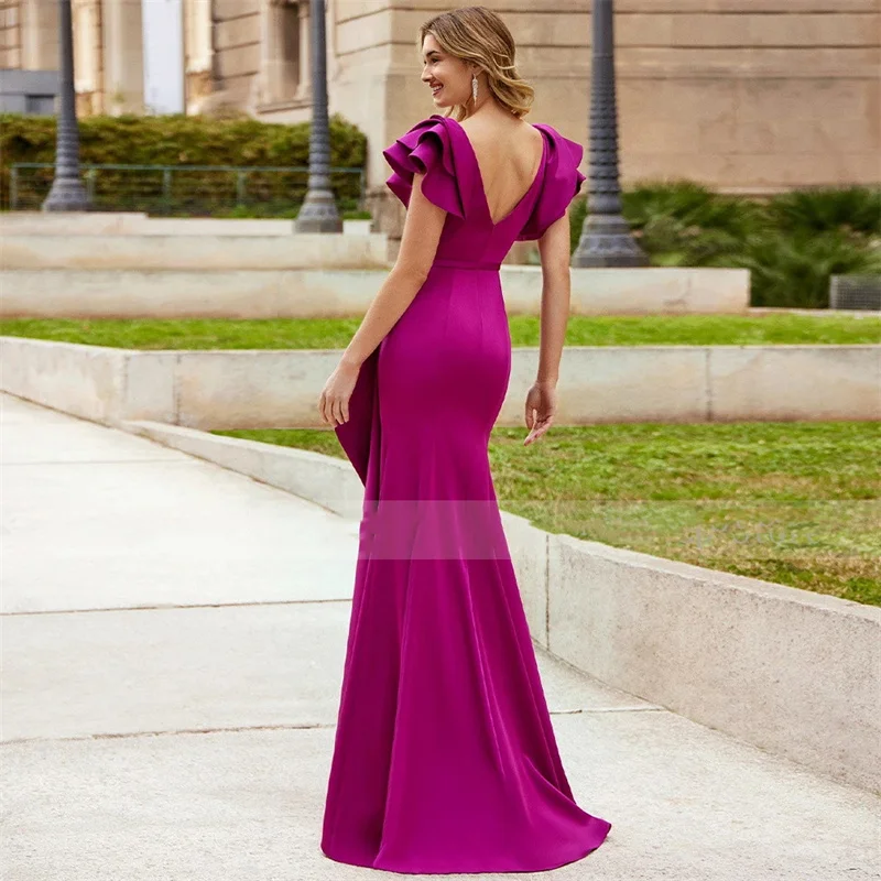 Elegant Mother of the Bride Dresses Mermaid Ruffle V Neck Wedding Guest Gown for Women 2024 Trumpet Formal Evening Dress Fuchsia