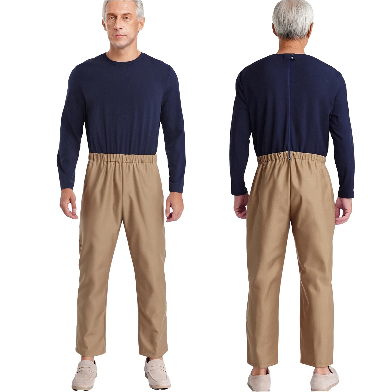 

Men Patience Convenient Alzheimer Adaptive Clothing Long Sleeve Elastic Waist Back Zipper Color Block Jumpsuit with Pockets Suit