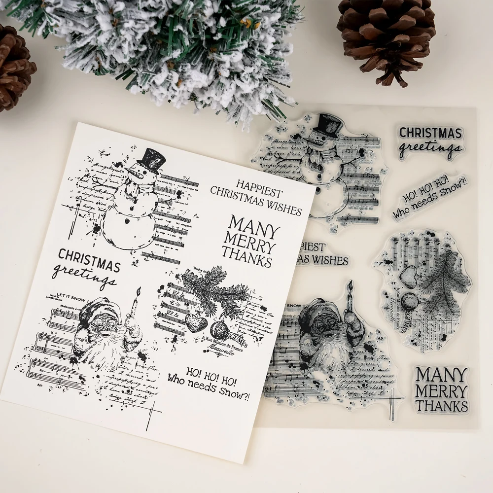 Schneemann Weihnachtsmann Klare Silikonstempel Holly Music Note Muster Siegel Weihnachtswünsche für DIY Scrapbook Urlaub Grußkarte