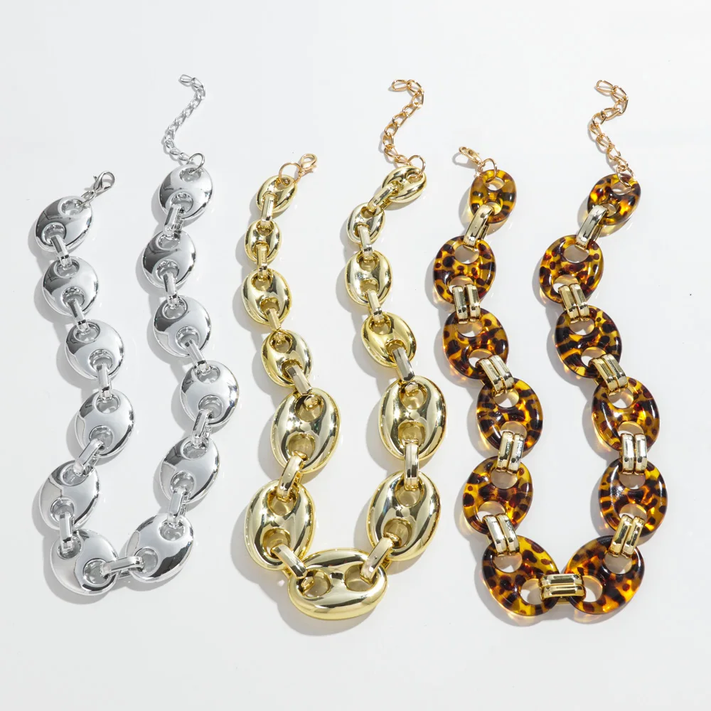 Fashion Acrylic Leopard Pig Nose Chains Necklace Gold Silver Color Oval Coffee Bean Beaded Choker Necklace Trendy Jewelry Gifts