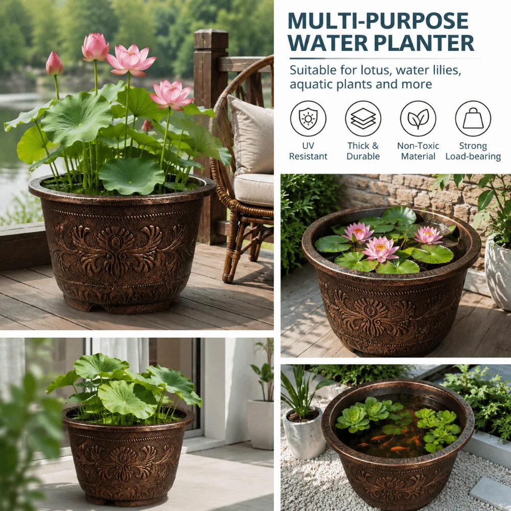 Resin Lotus Planter Pot Large 19cm Height Water Reservoir Planter Copper Bronze 7.5L Capacity Retro Flower Pot Outdoor Use