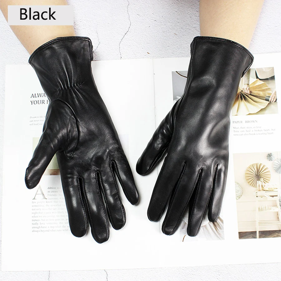 Color Sheepskin Leather Gloves Women\'s Straight Style Wool Lining Fall/Winter Warm Motorcycle Riding Car Driving Finger Gloves