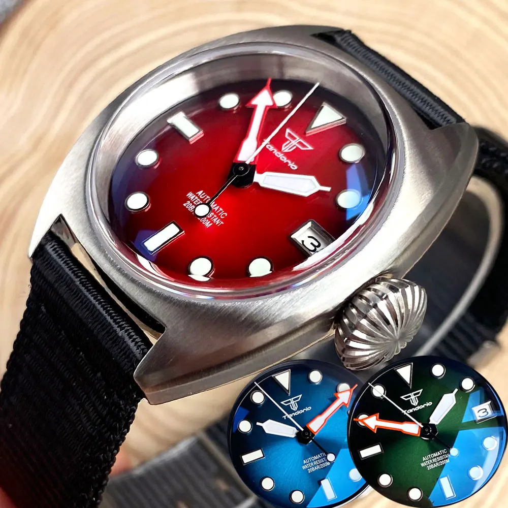 Tandorio 36mm Orologio meccanico automatico militare da uomo NH35 8215 PT5000 AR Zafiro a cupola Sunburst Verde/Rosso/Blu Grande corona Sport