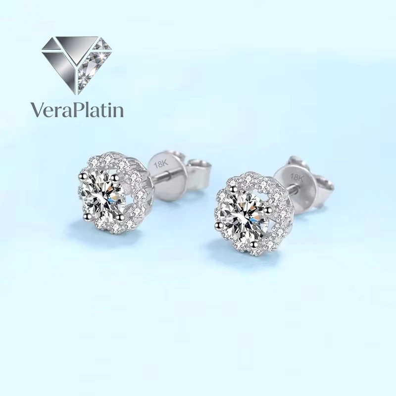 

VeraPlatin Valentine's Day Girl 18K White Gold Stud Earrings Women Wedding Moissanite Diamond 1CT PT950 Platinum Daughter Birthd