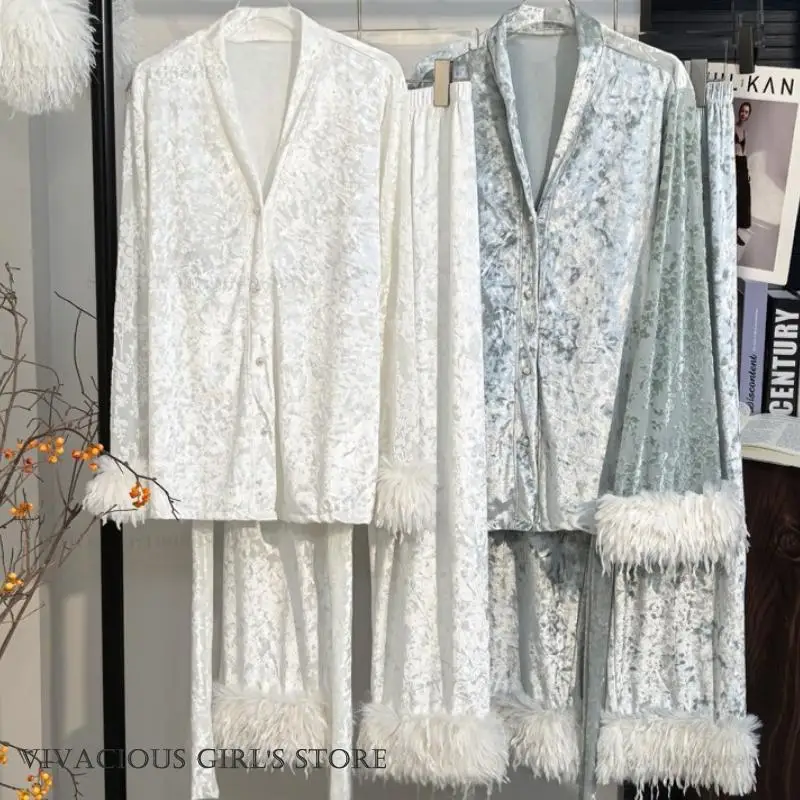 

Elegant Sexy Velvet Pajamas Women's Sleepwear Lingerie Autumn Winter New Velour Trouser Pijamas Suit Homewear Loose Loungewear