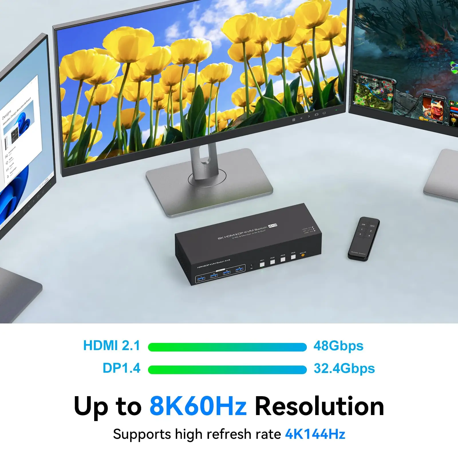 8K HDMI + 2 displayport KVM Árammegszakító 3 monitors 4 Számítógépes USB 3.0 KVM Kapcsoló számára 4 PC Eloszt Hármas Képellenőrző majd 4 USB 3.0 ports