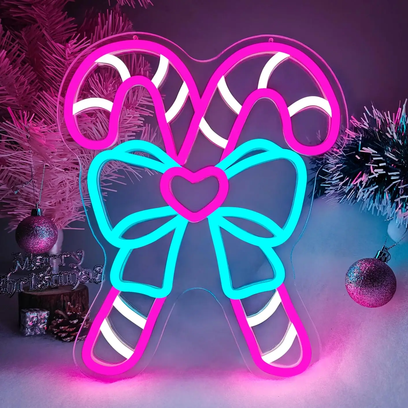 ピンクのキャンディケインネオンサイン-壁飾り-調光スイッチ付き-クリスマスライトアップサイン-窓-寝室-クリスマスパーティー-ホームデコレーション用