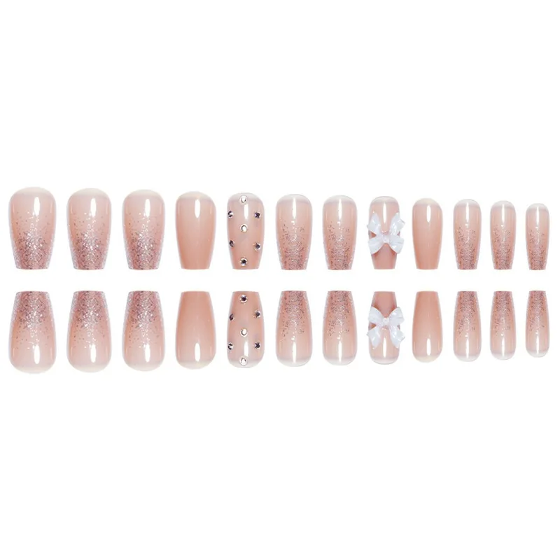 24個入り グリッタースパンコール フレンチミディアムコフィン型つけ爪 3Dリボン シンプルフェイクネイル 女性用 スイートホワイトネイル 付け爪