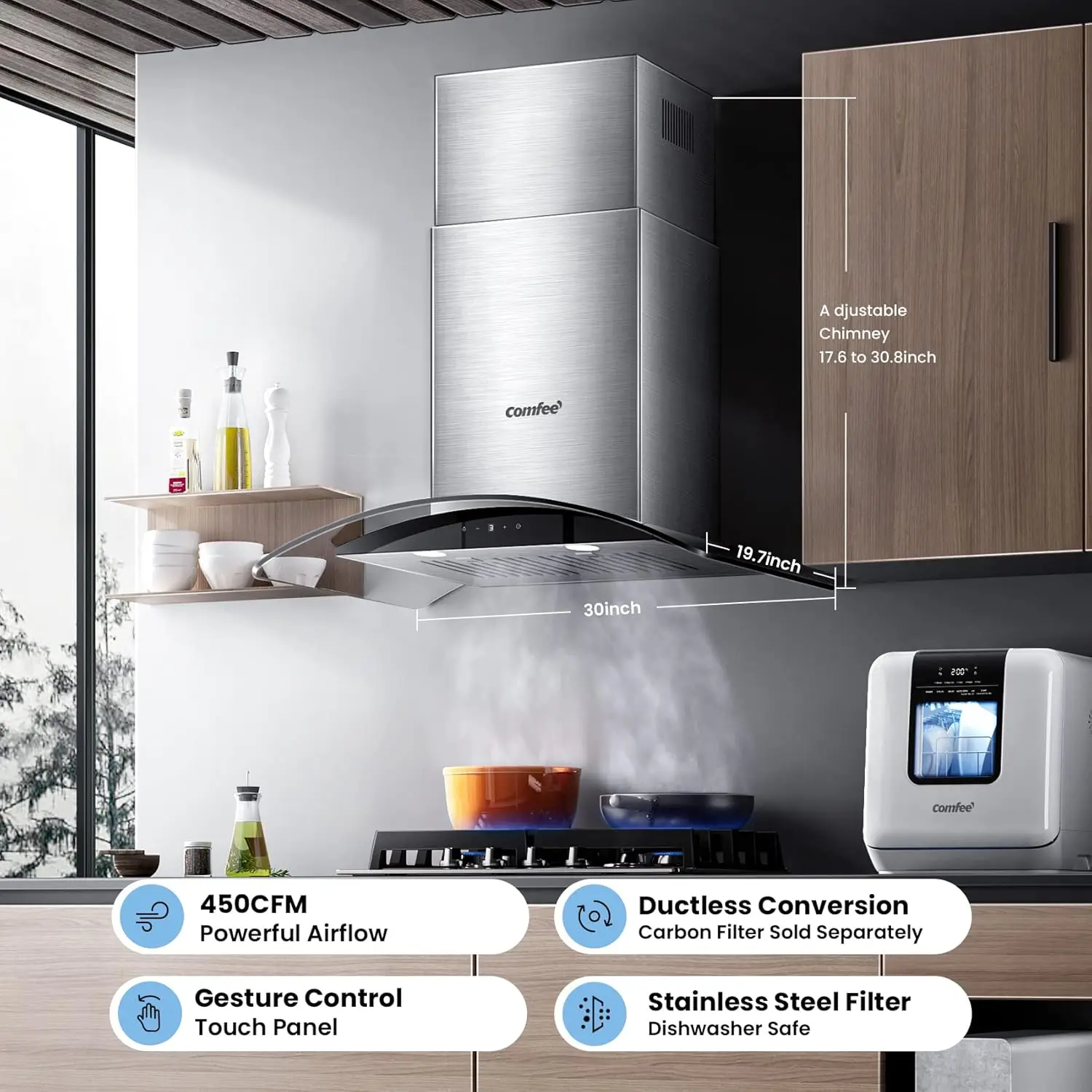 Curved Glass Range Hood 30 Inch 450  3 Speed Gesture Sensing &Touch Control Panel Stainless Steel kitchen Ductless/