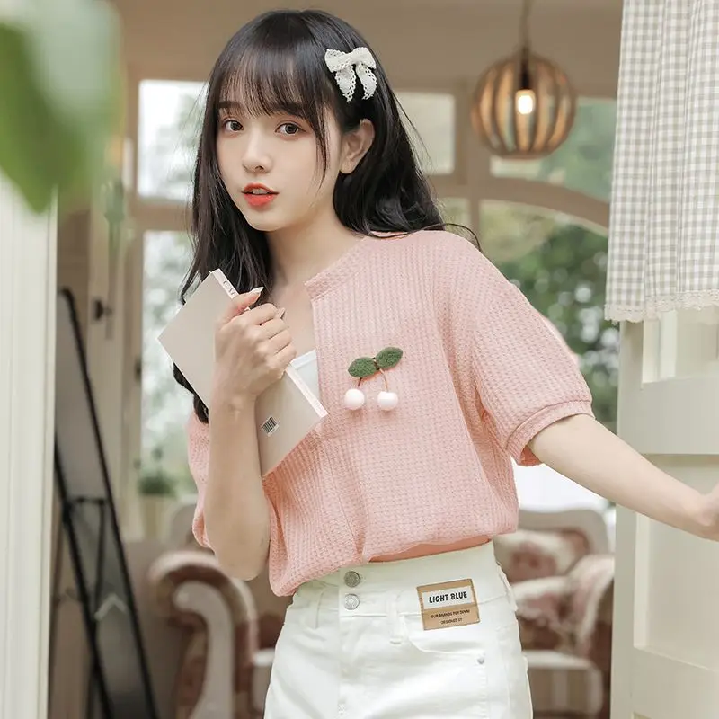 Women Summer Korean Fashion Loose Patchwork Solid Color V-neck Short Sleeve T-Shirt Women Clothes Casual All-match Sweet Tops