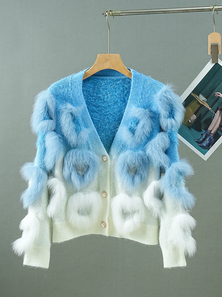 2024 Autumn Women Heart Pattern Real Fox Fur Cute Sweater Real Fur Spring Lovely Knitted Jacket Wear