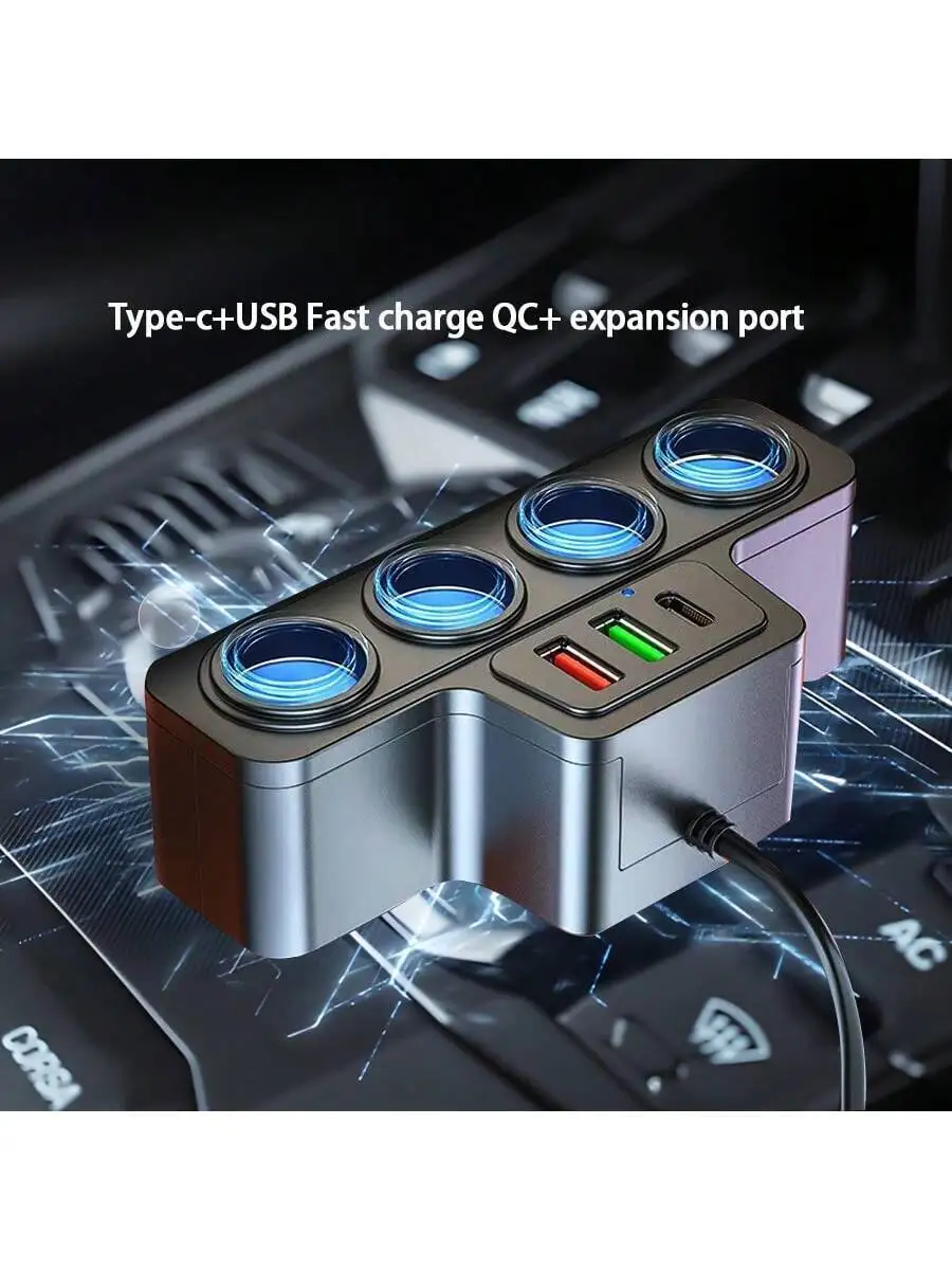 4-Port Car Cigarette Lighter Socket Adapter With Type-C USB QC3.0 Fast Charging