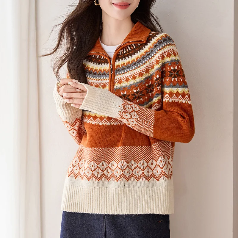 Birdtree ، سترة محبوكة من صوف الأغنام 100% ، سترة نسائية من قماش الجاكار بياقة واقفة وسحاب تريكو ، بلوفر كاجوال لخريف وشتاء 2025 T5N517JF