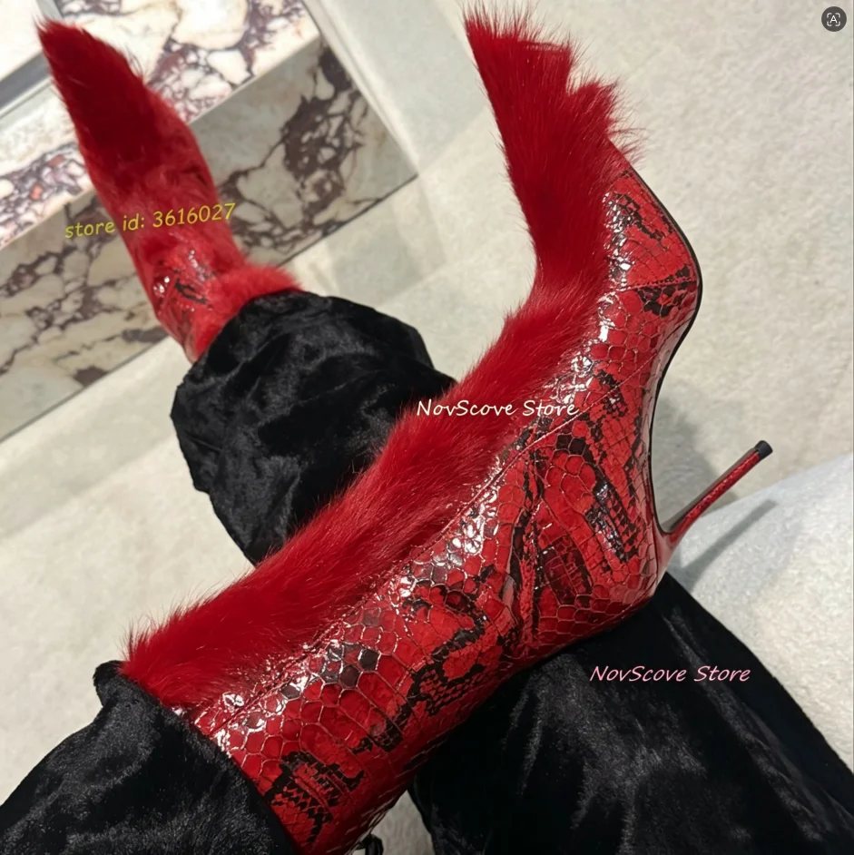 

Pointy Toe Snake Pattern Mid-Calf Boots Faux Fur Decor High Heels Mixed Color Patchwork Sexy Women Spring Short Booties