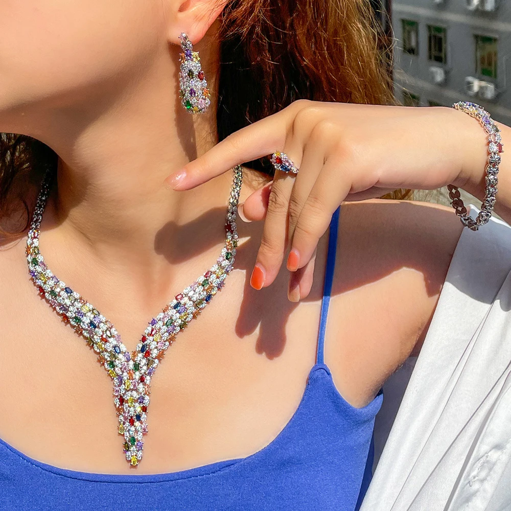 

BeaQueen Luxury Big Statement Necklace Colorful Pave CZ Stone and Crystal 4pcs Jewelry Sets For Women Wedding Accessories JS354