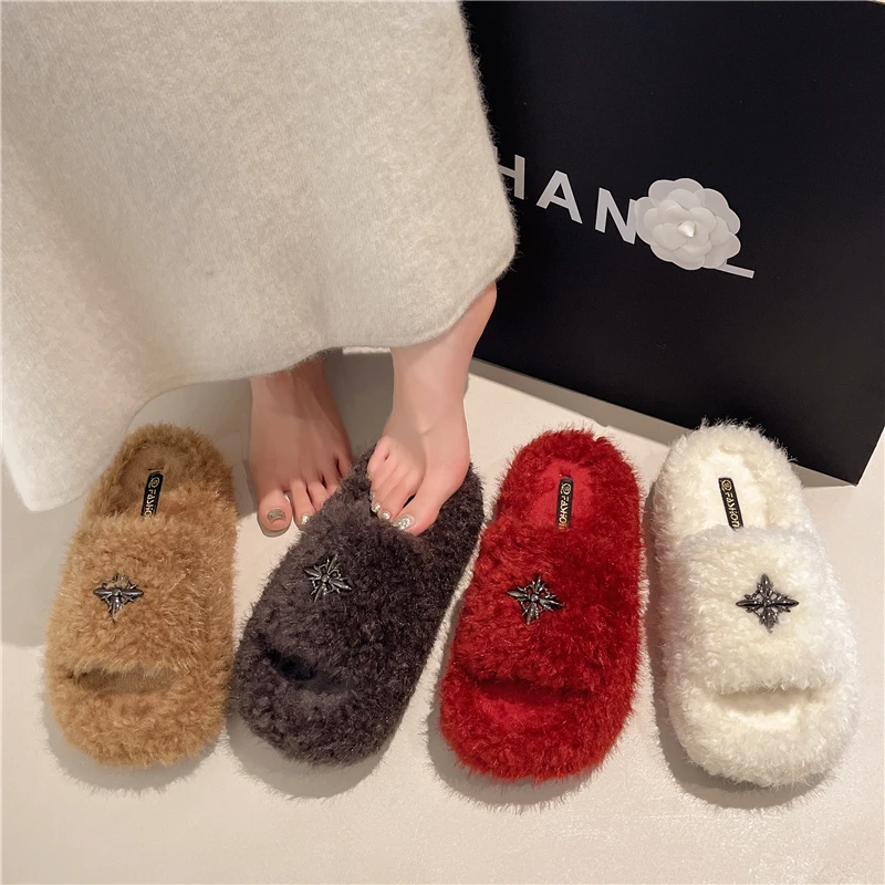 

2025 Popular Hairy for Women Autumn Winter New for Home Use Non Slip Height Increasing Thick Soled Women's Warm Cotton Slippers