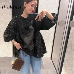 WAKUTA Japanese Classic Autumn/winter Items Ins Blogger Chic Polka Dots Hepburn Style Doll Style Shirt Long Sleeved Casual Shirt