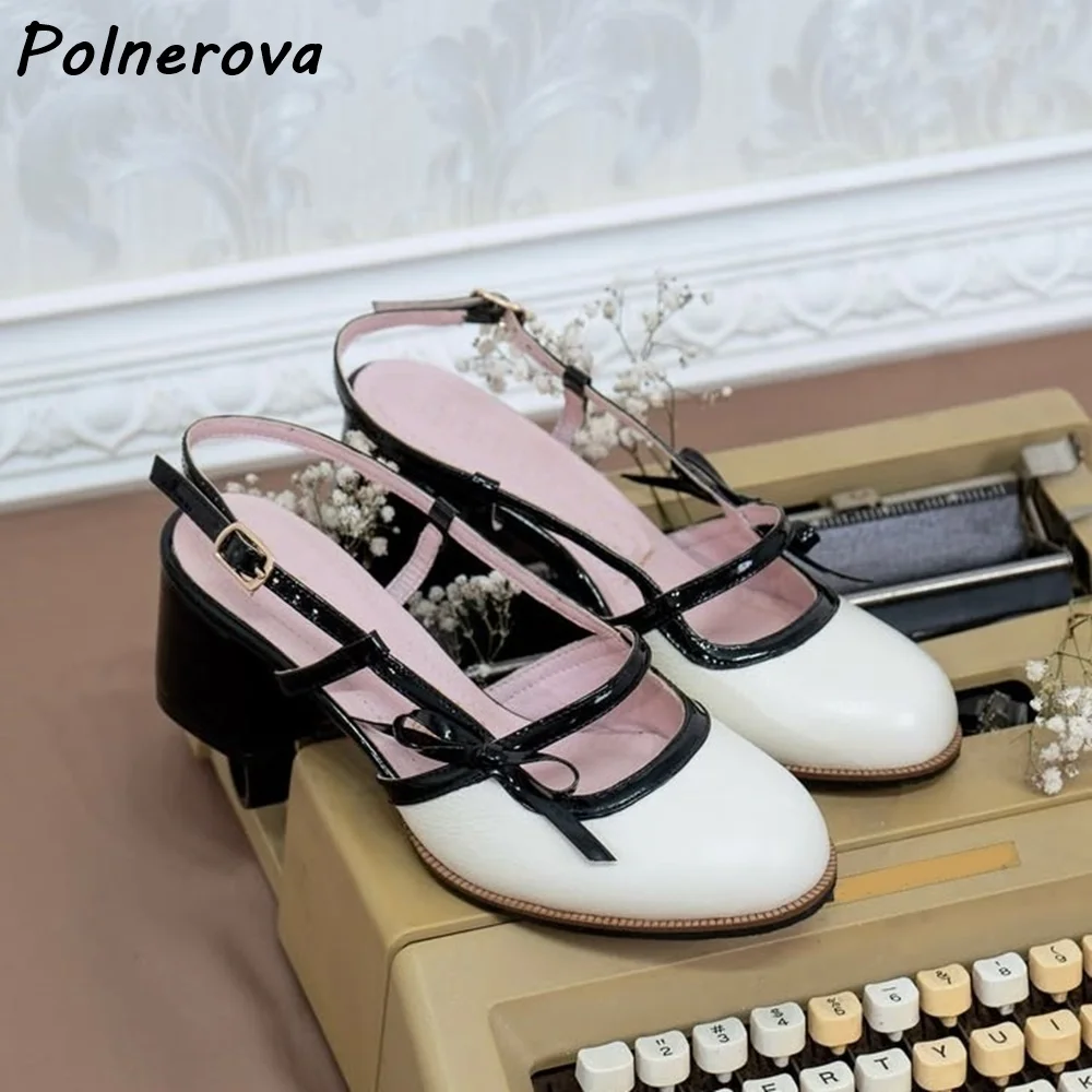 Patchwork Slingback Mary Jane Pumps Round Toe Patent Trim Block Heel Sandals Bow Detail Hollow Sweet Women Official Shoes