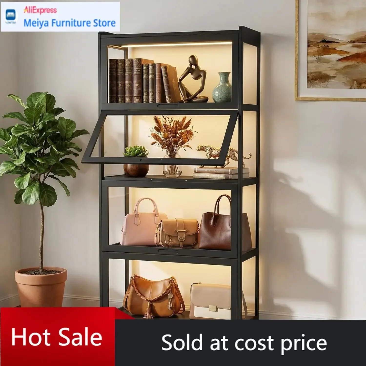 Black 4 Tier Acrylic Door Display Cabinet Curio Showcase For Collectibles Living Room Office 275Lx135Wx55H