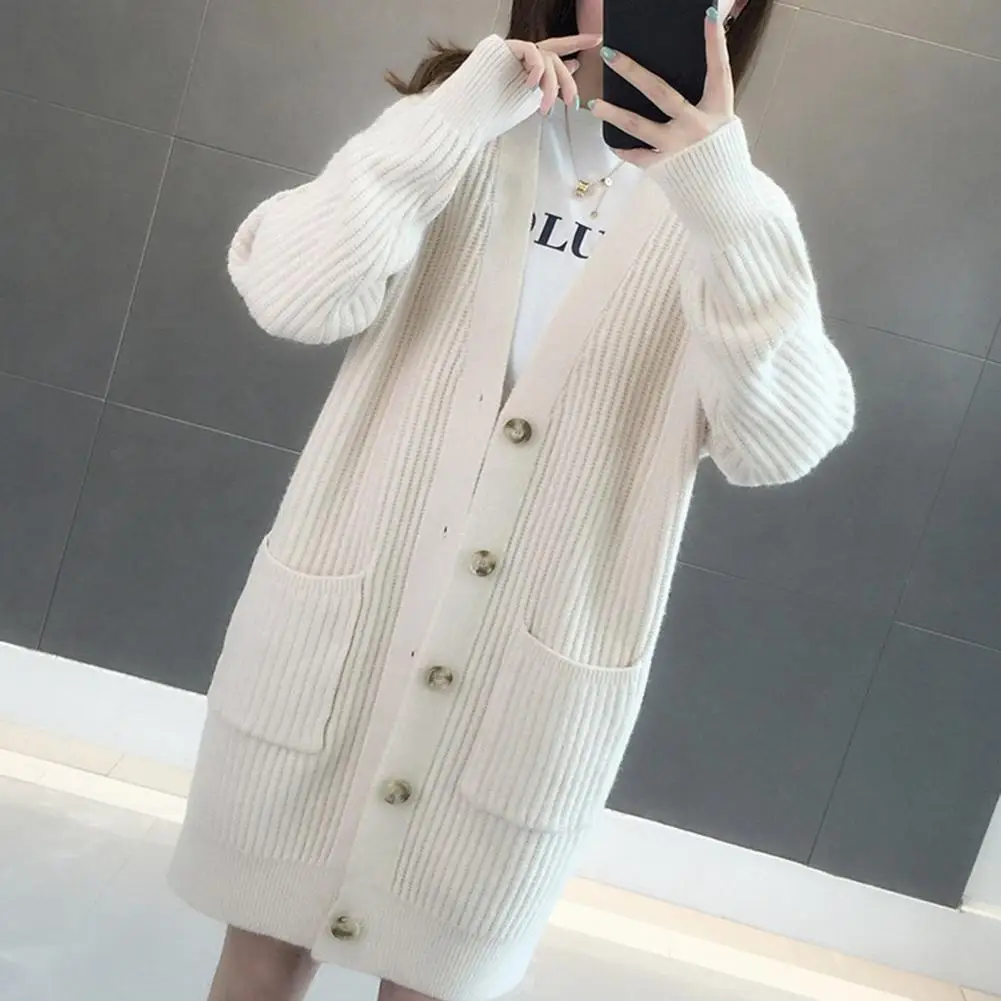 Fashion Sweater Coat  Two Pockets Thickened Knitted Jacket  Cardigan Style Pure Color Mid-Length Sweater Coat