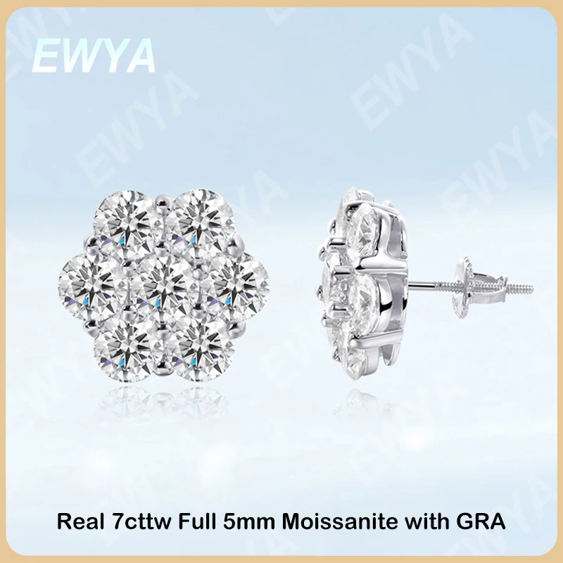 

EWYA Sparkling Full 5mm 0.5CT D Color Moissanite Screw Earrings for Women 925 Silver Pass Diamond Test Flower Ear Studs with GRA