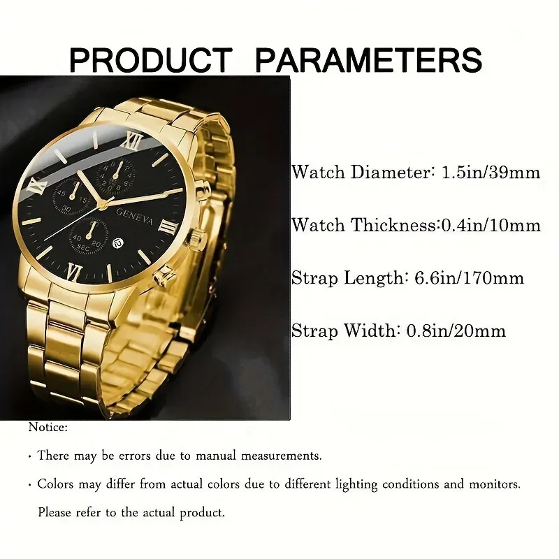 

2pcs/set Men's Business Golden Quartz Watch Date Dial Stainless Steel Band Wrist Watch & Bracelet, Father's Day Valentine's Day
