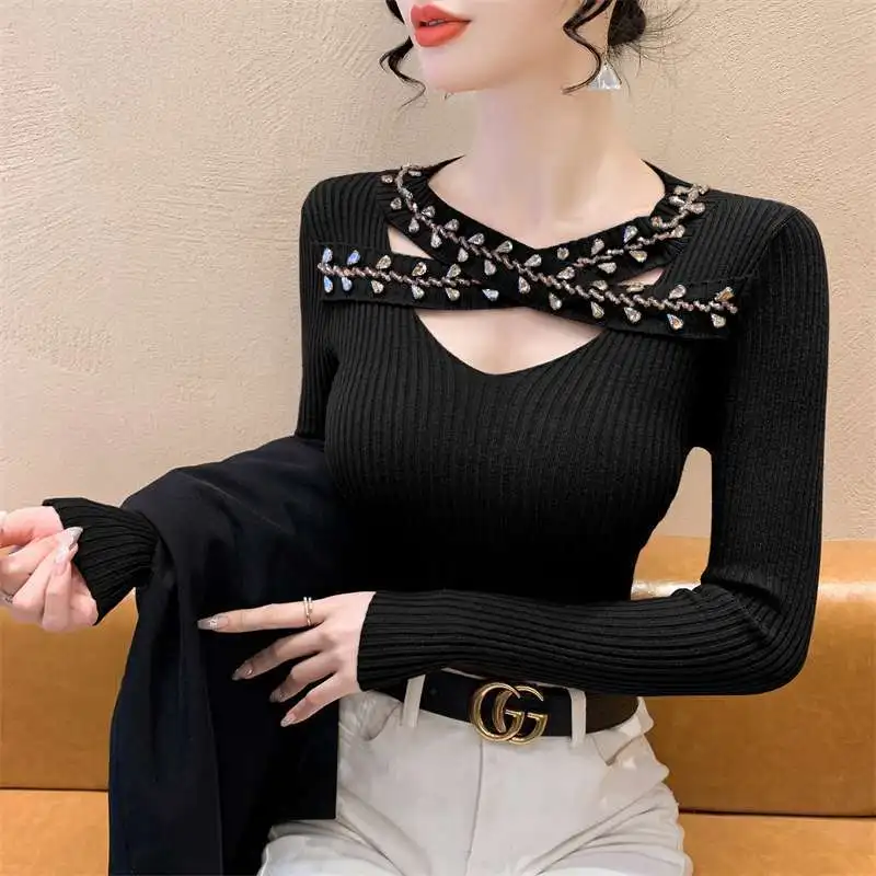 

Корейские модные осенне-зимние свитера, женские расклешенные с круглым вырезом и вышивкой, шикарные свободные пуловеры с длинными рукавами, вязаные топы