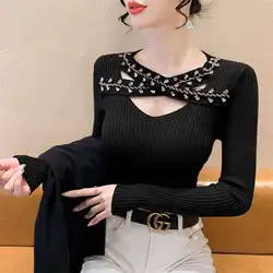 Korean Fashion Autumn Winter Sweaters Women O-Neck Embroidered Flares Hollow Out Chic Long Sleeve Loose Pullovers Knitted Tops