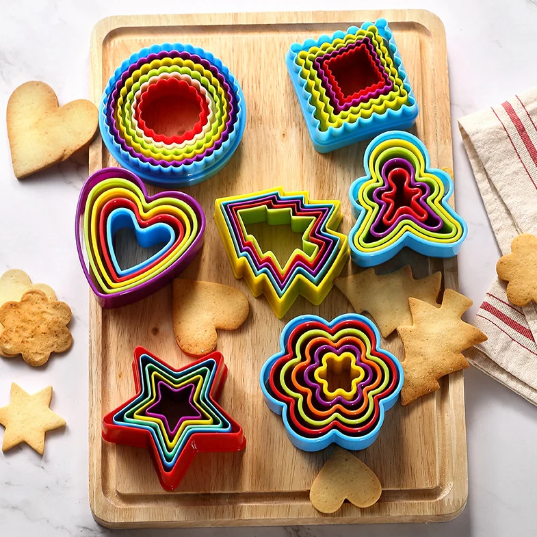 

35 PCS Plastic Cookie Cutters With Various Sizes In 7 Shapes(Square, Round, Star, Heart, Flower, Gingersnap and Christmas trees)