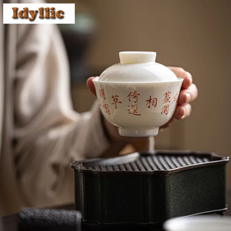 

100ml Ivory White Handwritten Ingot Gaiwan Aesthetic Tea Tureen Tea Bowl With Lid Kit Tea Making Cover Bowl Teaset Collection