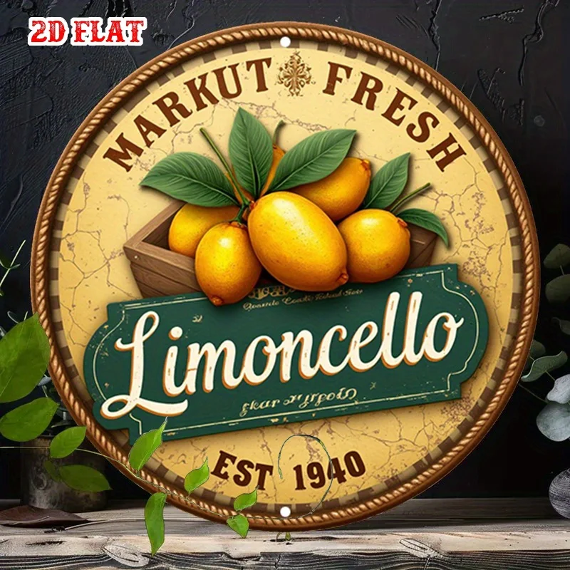Letrero Metálico Decorativo de Pared con Diseño de Limoncello Italiano Vintage, Plano en 2D, 1 Pieza - Letrero de Aluminio con Diseño Rústico de Limón y Fondo Amarillo Envejecido