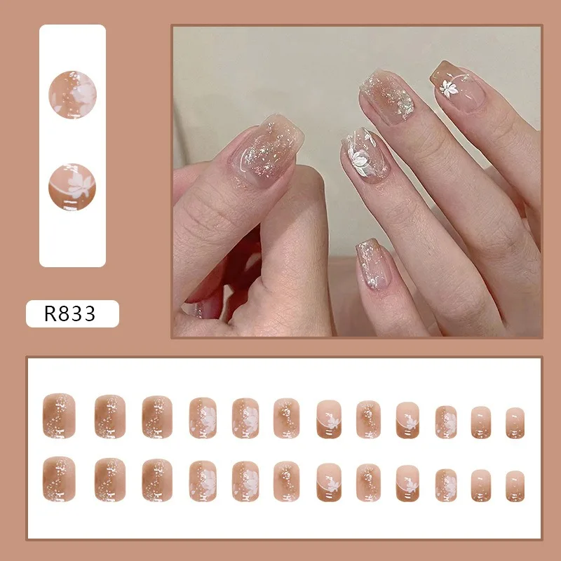 Imprensa destacável francesa em unhas postiças, brilho floral, unha acrílica falsa, dedo médio, dedo curto, outono, inverno, 24pcs