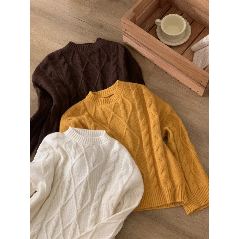 

Casual Knitted Sweater round Ne Basic Sle Combed Weave Wool Tead Design Loose Wave Pattern Leisure Pullover Knitwear