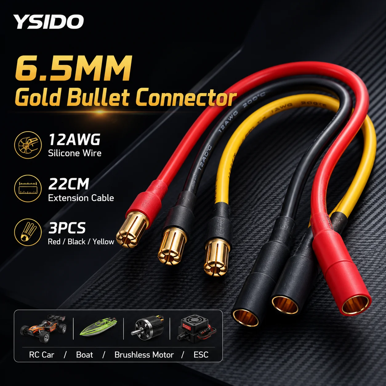 6.5MM Gold Bullet Connector Banana Plug 22CM RC Extension Cable Male to Female 10AWG Silicone Wire for RC Car Boat Motor Parts