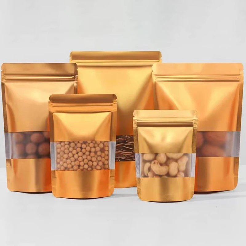 50pcs/100pcs Smell Barrier Gold Stand Up Pouch Snack Packaging Bag ZipLock Pet Food Tea Doypack Bag