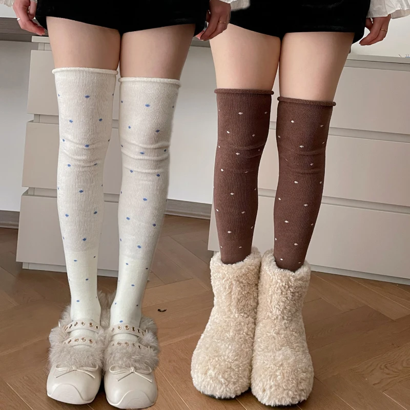Fashion Autumn Winter Over Knee Socks Wave Polka Dot Keep Warm Calf Stockings Retro Streetwear Y2K Thigh High Pile Up Long Socks