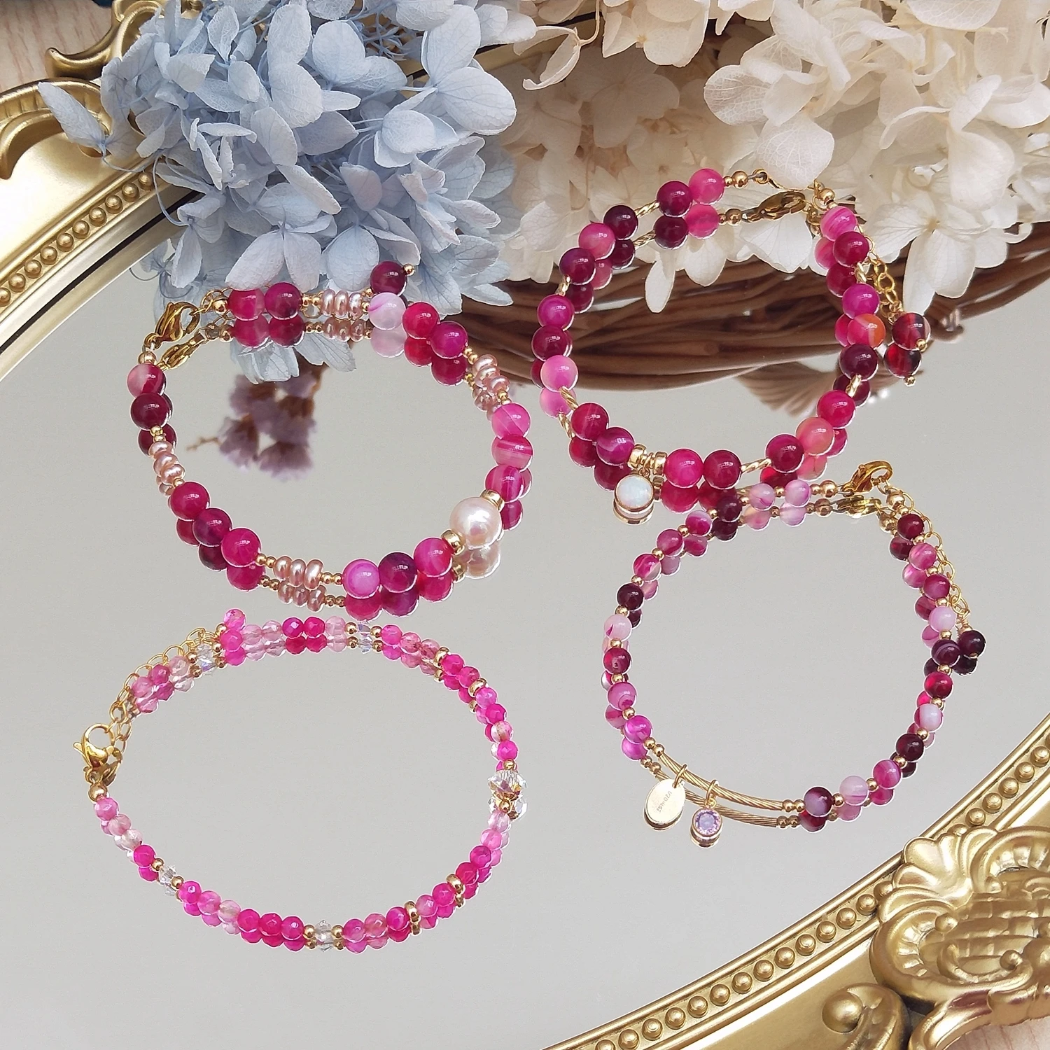 Lii Ji Dyed Rose Agate 3mm/4mm/6mm Natural Stone 14K Gold Filled Charms Bracelet Handmade Bohe Fashion Jewelry For Female