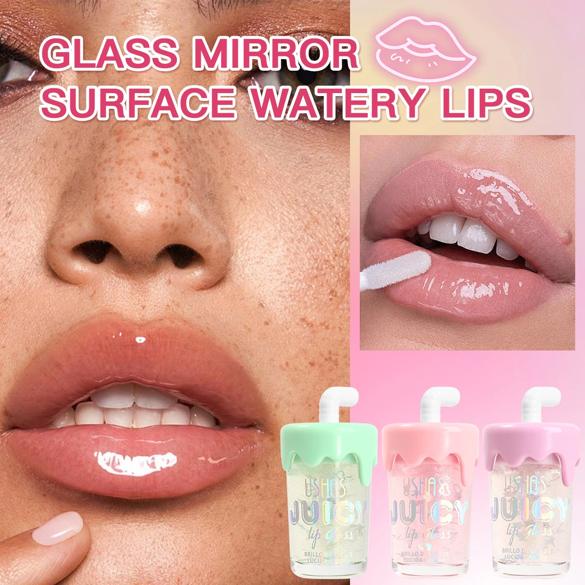 3個入り、USHAS、キュートなデザイン、フルーツリップオイル、透明感のあるツヤのある保湿リップケア化粧品、栄養のあるジェリーリップカラー