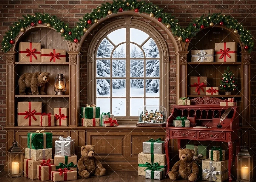 Vintage Wooden Cabin Christmas Corner Room Photography Backdrop Brick Wall Fireplace Toy Bear Gift Box Window Studio Decor Prop